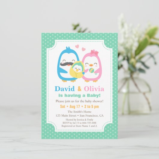 Whimsical Penguin Family Baby Shower Invitaties Kaart (Staand voorkant)