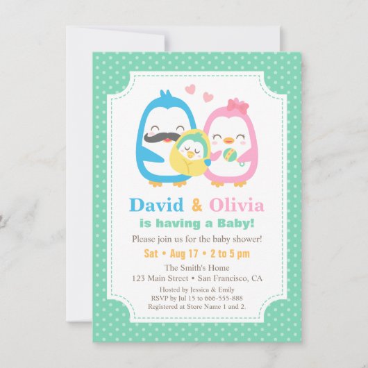 Whimsical Penguin Family Baby Shower Invitaties Kaart (Voorkant)