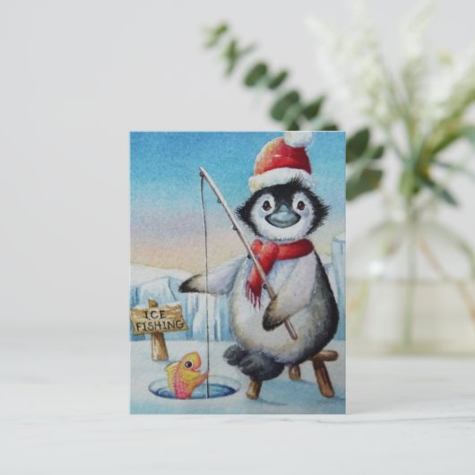 Whimsical Penguin Ice Vist Waterverf kunst Briefkaart (Staand voorkant)