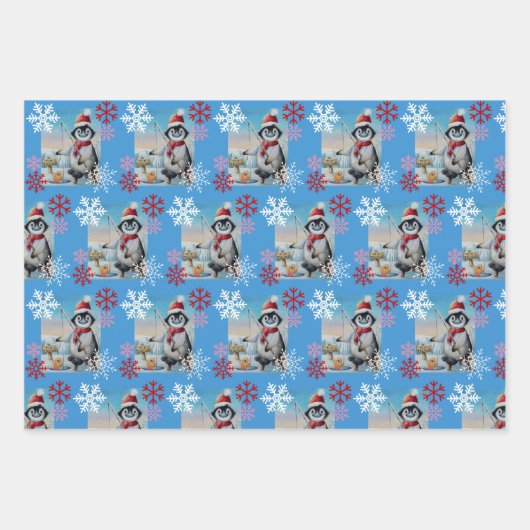 Whimsical Penguin Ice Vist Waterverf kunst Inpakpapier Vel (Voorkant)
