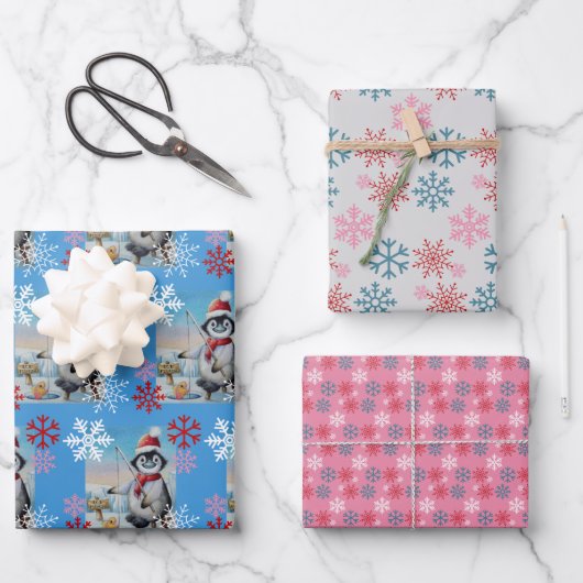 Whimsical Penguin Ice Vist Waterverf kunst Inpakpapier Vel (Voorkant)