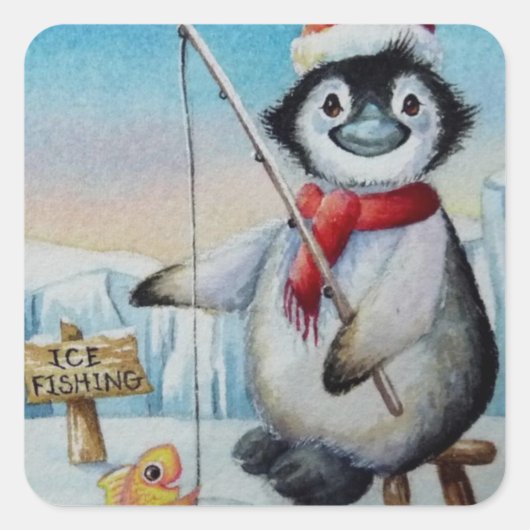 Whimsical Penguin Ice Vist Waterverf kunst Vierkante Sticker (Voorkant)