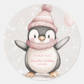 Whimsical Penguin Verjaardag Bedankt Pink Ronde Sticker (Voorkant)