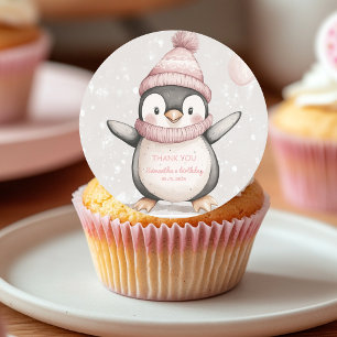 Whimsical Penguin Verjaardag Bedankt Pink Ronde Sticker