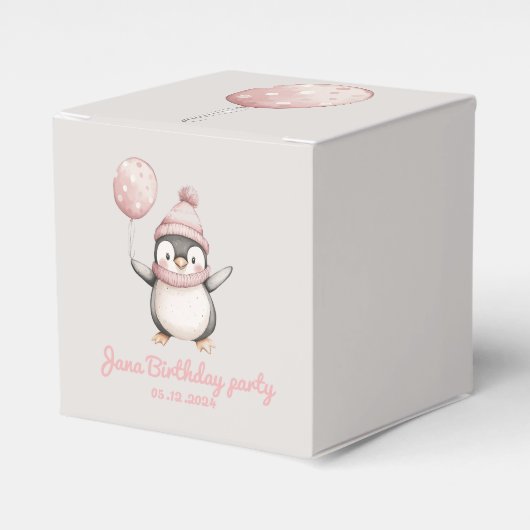Whimsical Penguin Verjaardag |  roze Bedankdoosjes (Voorkant Zijde)