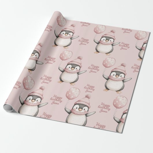 Whimsical Penguin Verjaardag | roze Cadeaupapier (Uitgerold)