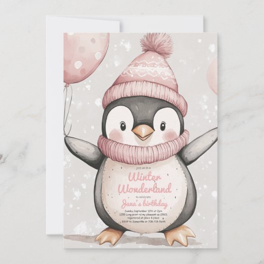 Whimsical Penguin Verjaardag |  roze Kaart (Voorkant)