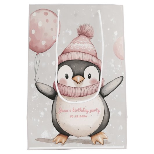 Whimsical Penguin Verjaardag |  roze Medium Cadeauzakje (Achterkant)