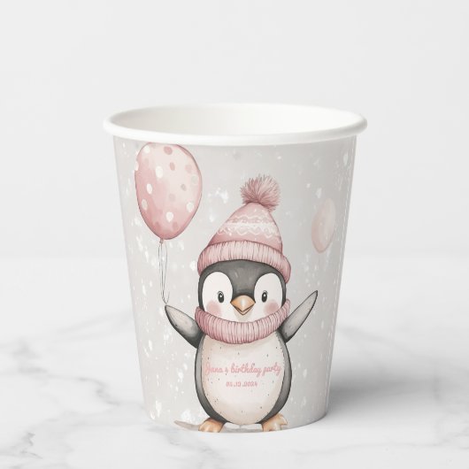 Whimsical Penguin Verjaardag |  roze Papieren Bekers (Achterkant)
