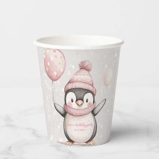 Whimsical Penguin Verjaardag |  roze Papieren Bekers (Voorkant)