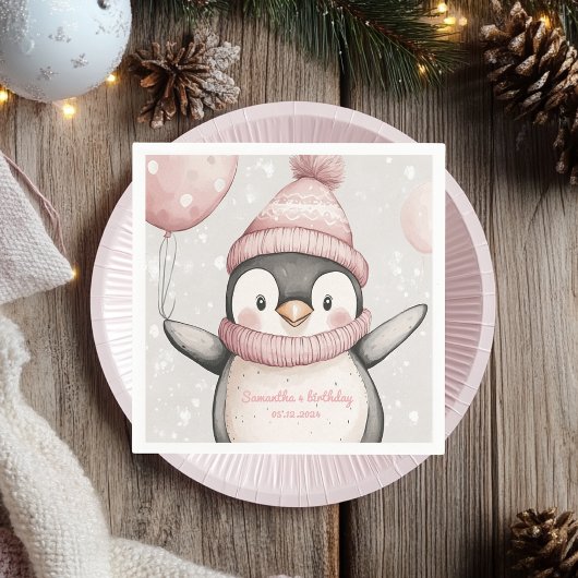 Whimsical Penguin Verjaardag servet | roze