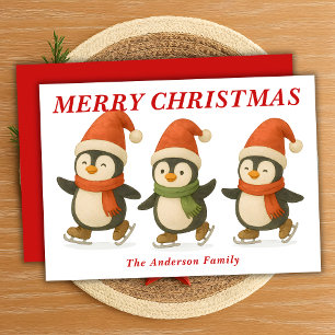 Whimsical Penguins Schaatsen Kerstmis Feestdagenkaart