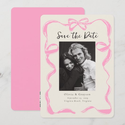 Whimsical Peony Photo Bow Save the Date (Voorkant / Achterkant)