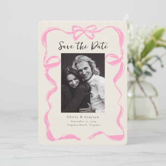 Whimsical Peony Photo Bow Save the Date (Staand voorkant)