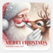 Whimsical Personalized Santa and Rudolph Holiday Vierkante Sticker (Voorkant)