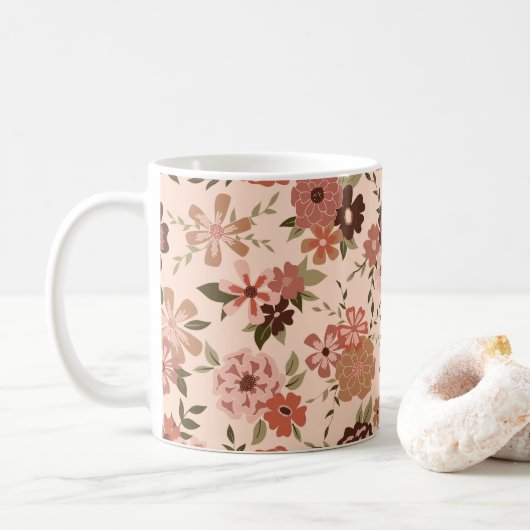 Whimsical Perzik Bruin Bloemen Patroon Koffiemok (Met donut)