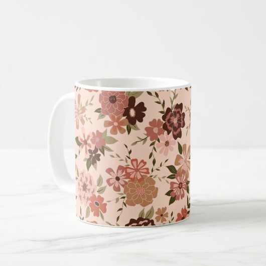 Whimsical Perzik Bruin Bloemen Patroon Koffiemok (Voorkant links)