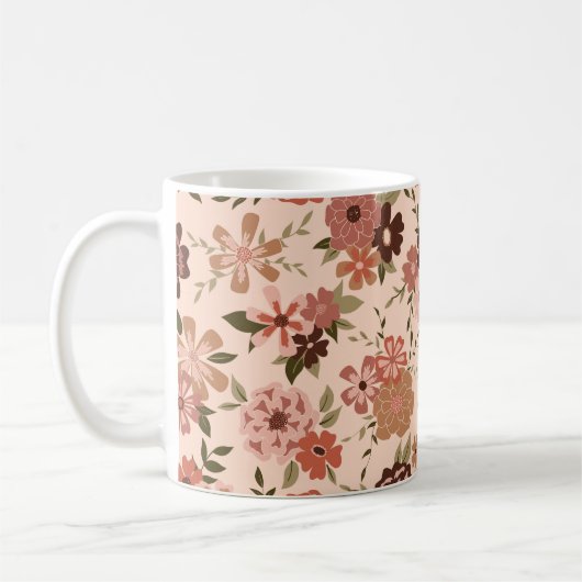 Whimsical Perzik Bruin Bloemen Patroon Koffiemok (Links)