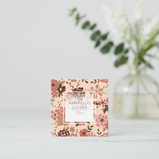 Whimsical Perzik Bruin Bloemen Patroon Vierkante Visitekaartje (Staand voorkant)
