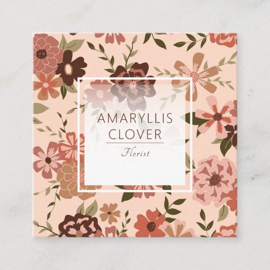 Whimsical Perzik Bruin Bloemen Patroon Vierkante Visitekaartje (Voorkant)