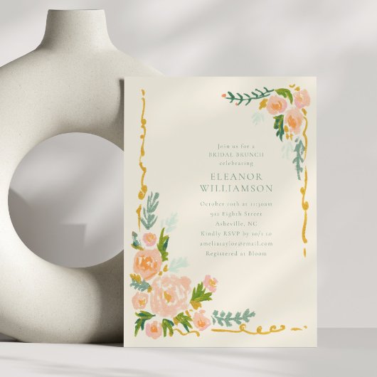 Whimsical Perzik Waterverf Bloem Bruids Brunch Kaart
