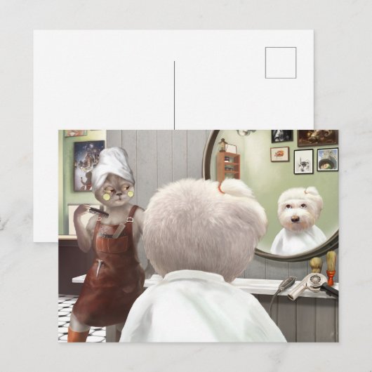 Whimsical Pet Barber Shop Aankondigingskaart (Voorkant / Achterkant)