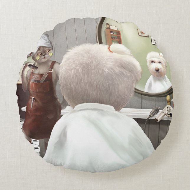 Whimsical Pet Barber Shop Rond Kussen (Voorkant)