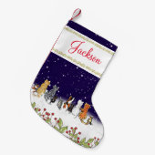 Whimsical Pet Cats Dark Blue Night Snow Holiday Kleine Kerstsok (Voorkant (Hangend))
