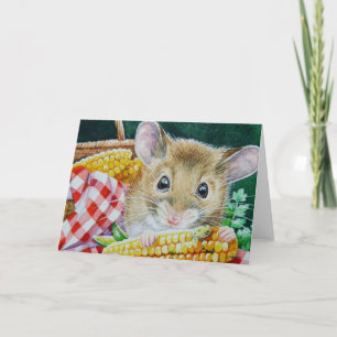 Whimsical Picnic Muis Eten Maïs Waterverf Kunst Kaart