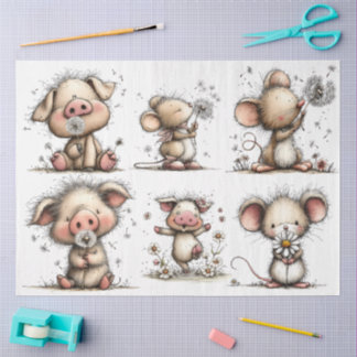 Whimsical Pig and Mouse in Spring Tissuepapier