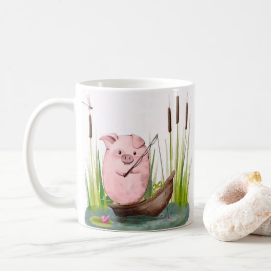 Whimsical Pig Fishing Mug Koffiemok (Met donut)