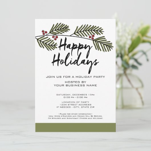 Whimsical Pine Branch Rustic Script Holiday Party Kaart (Staand voorkant)