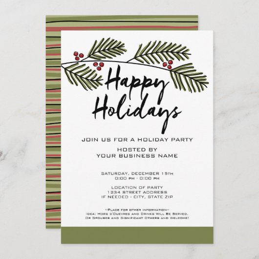 Whimsical Pine Branch Rustic Script Holiday Party Kaart (Voorkant / Achterkant)