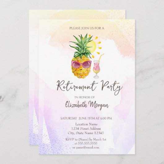 Whimsical Pineapple Cocktai Retirement Invitation Kaart (Voorkant / Achterkant)
