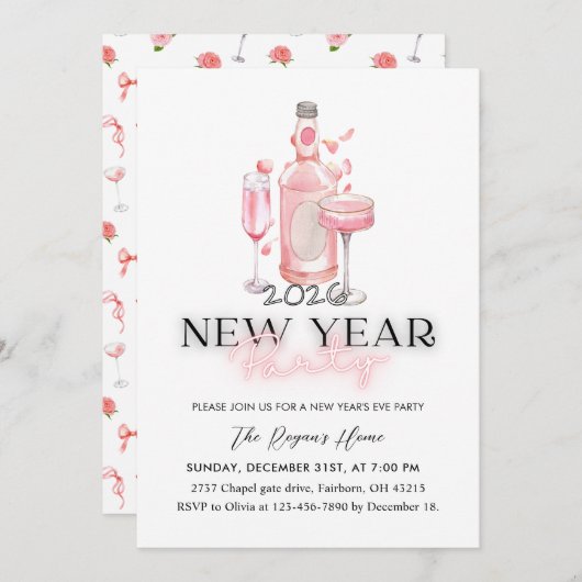 Whimsical Pink 2026 New Year Party Kaart (Voorkant / Achterkant)