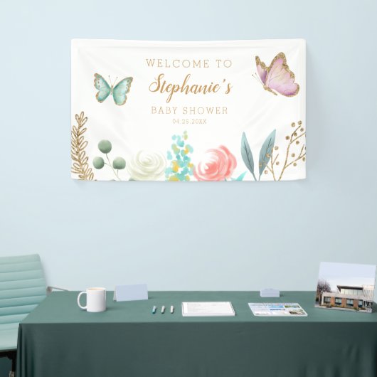 Whimsical Pink and Gold Butterfly Baby shower Spandoek (Beurs)