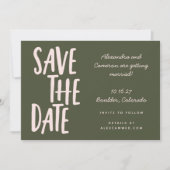 Whimsical Pink and Olive Green Simple Script Save The Date (Voorkant)
