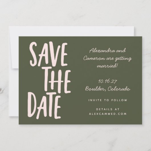 Whimsical Pink and Olive Green Simple Script Save The Date (Voorkant)