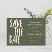 Whimsical Pink and Olive Green Simple Script Save The Date (Staand voorkant)
