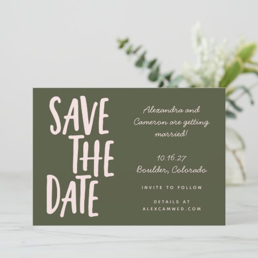 Whimsical Pink and Olive Green Simple Script Save The Date (Staand voorkant)