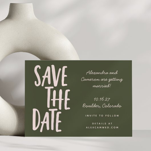 Whimsical Pink and Olive Green Simple Script Save The Date