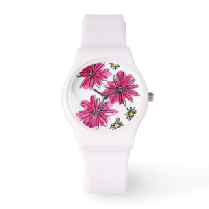 Whimsical Pink and White Flowers Horloge