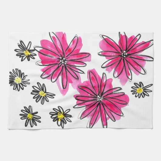 Whimsical Pink and White Flowers Theedoek (Horizontaal)