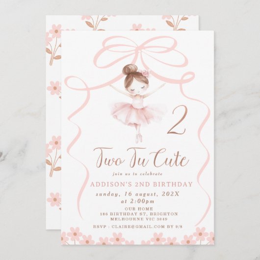 Whimsical Pink Ballerina Twee Tu Leuke Verjaardag Kaart (Voorkant / Achterkant)