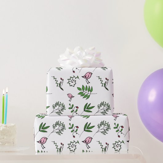 Whimsical Pink Bird and Green Leaves Cadeaupapier (Feestgeschenken)