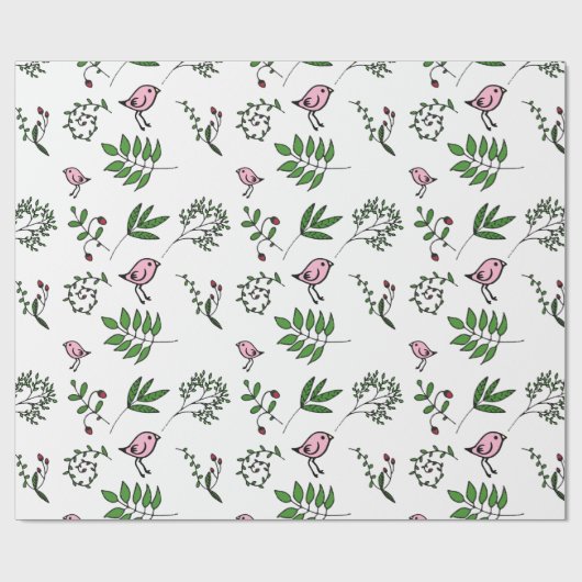 Whimsical Pink Bird and Green Leaves Cadeaupapier (Vlak)