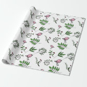 Whimsical Pink Bird and Green Leaves Cadeaupapier (Uitgerold)