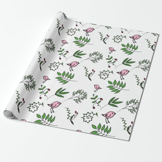 Whimsical Pink Bird and Green Leaves Cadeaupapier (Uitgerold)