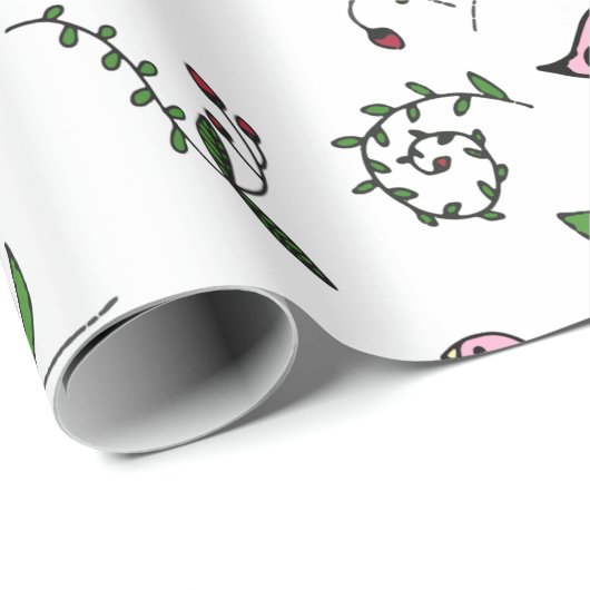 Whimsical Pink Bird and Green Leaves Cadeaupapier (Rol Hoek)