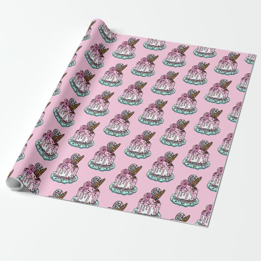 Whimsical Pink Birthday Cake Wrapping Paper Cadeaupapier (Uitgerold)